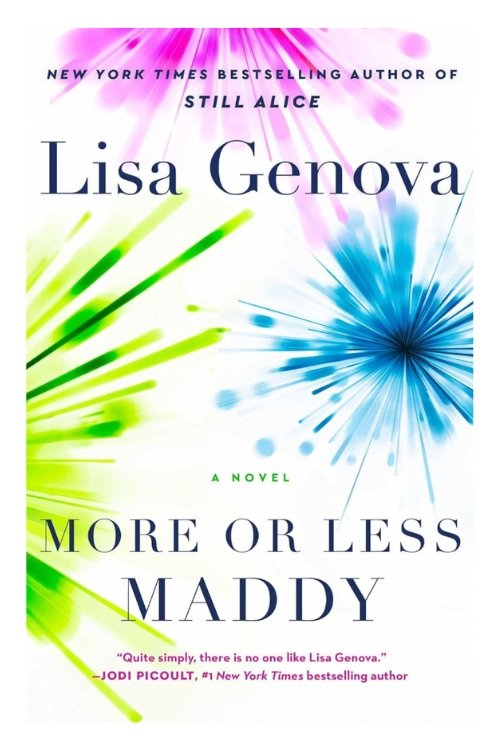 Book cover of More or Less Maddy by Lisa Genova. Illustration shows multicoloured bursts of colour.