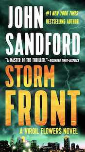 Book cover of Storm Front by John Sandford. Image shows a city landscape