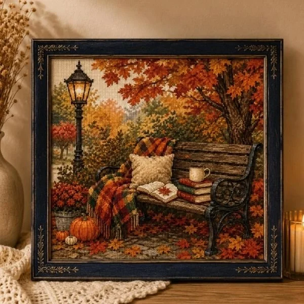 Autumn Reading Bench Cross Stitch Pattern by PurePlateStudio