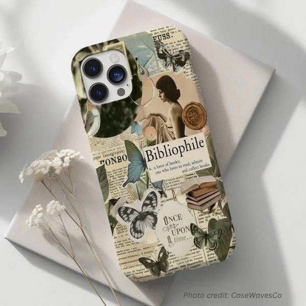 Vintage Book Collage Phone Case by CaseWavesCo. Shows collage images with the word 'Bibliophile'