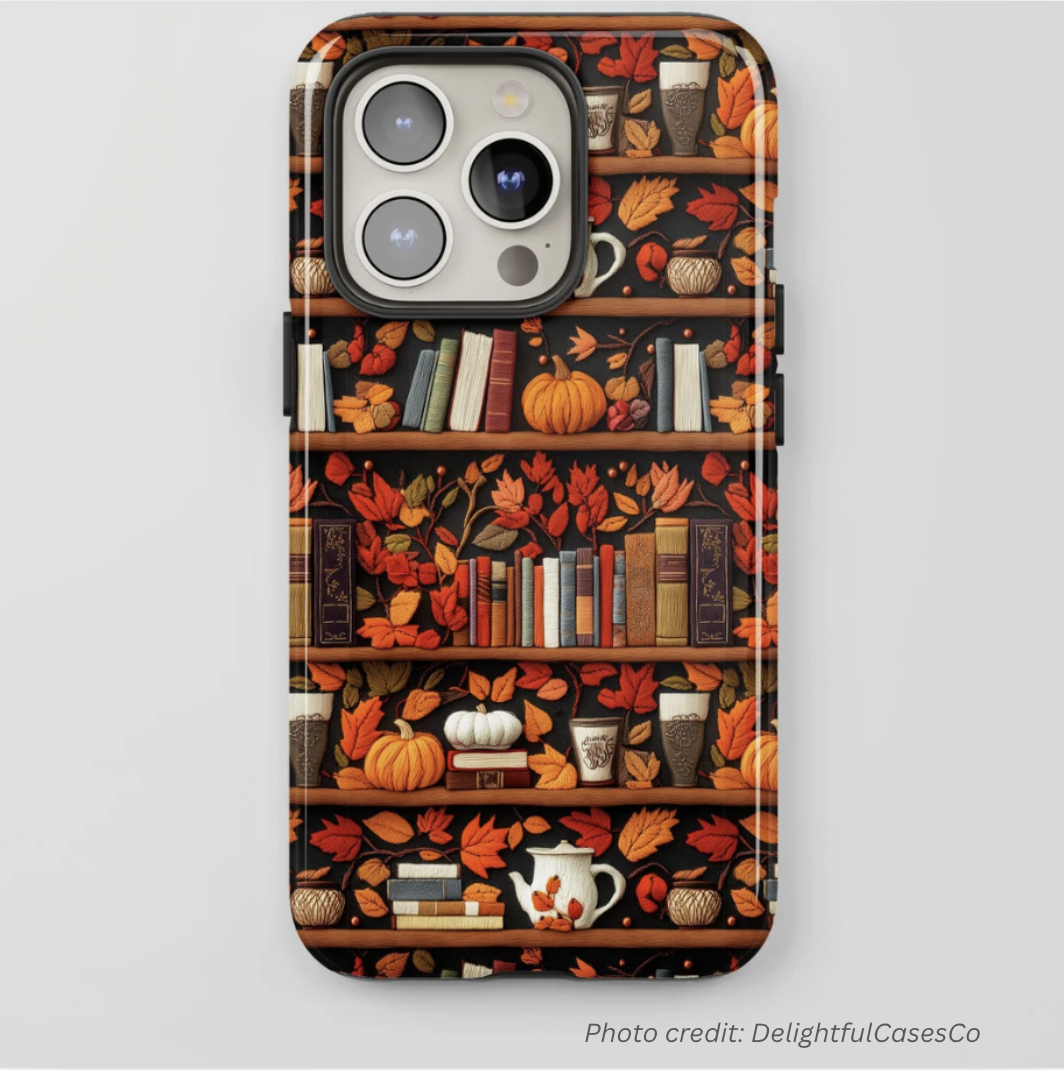 Fall Bookshelf Phone Case by DelightfulCasesCo. Shows a bookcase with fall colours and pumpkins