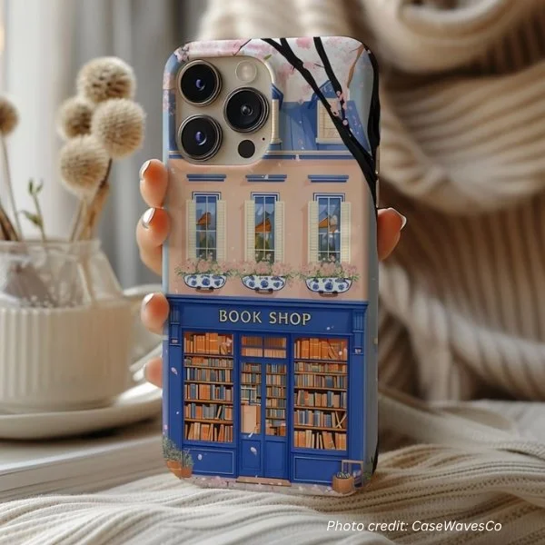 Charming Chinoiserie Bookshop Phone Case. Illustration shows a quaint bookshop