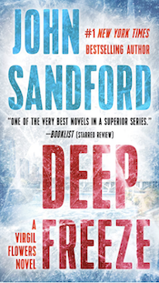 Book cover of Deep Freeze by John Sandford. Image shows a frozen landscape