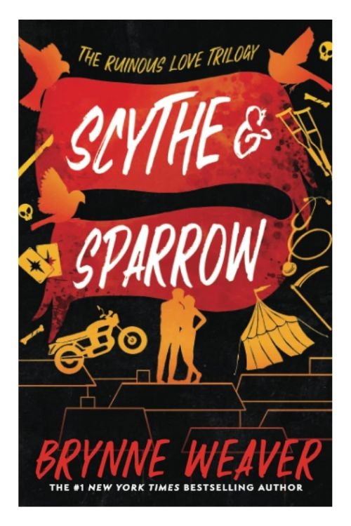 Book cover of Scythe and Sparrow by Brynne Weaver. Illustration shows the shadow of random circus objects.