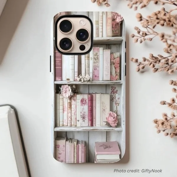 Shabby Chic Book Lover Phone Case by GiftyNook. Shows a bookcase and books in pink tones