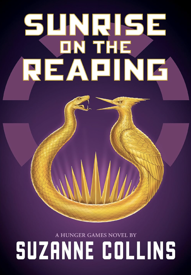 Book cover of Sunrise on the Reaping by Suzanne Collins. Illustration shows a bird and a snake.