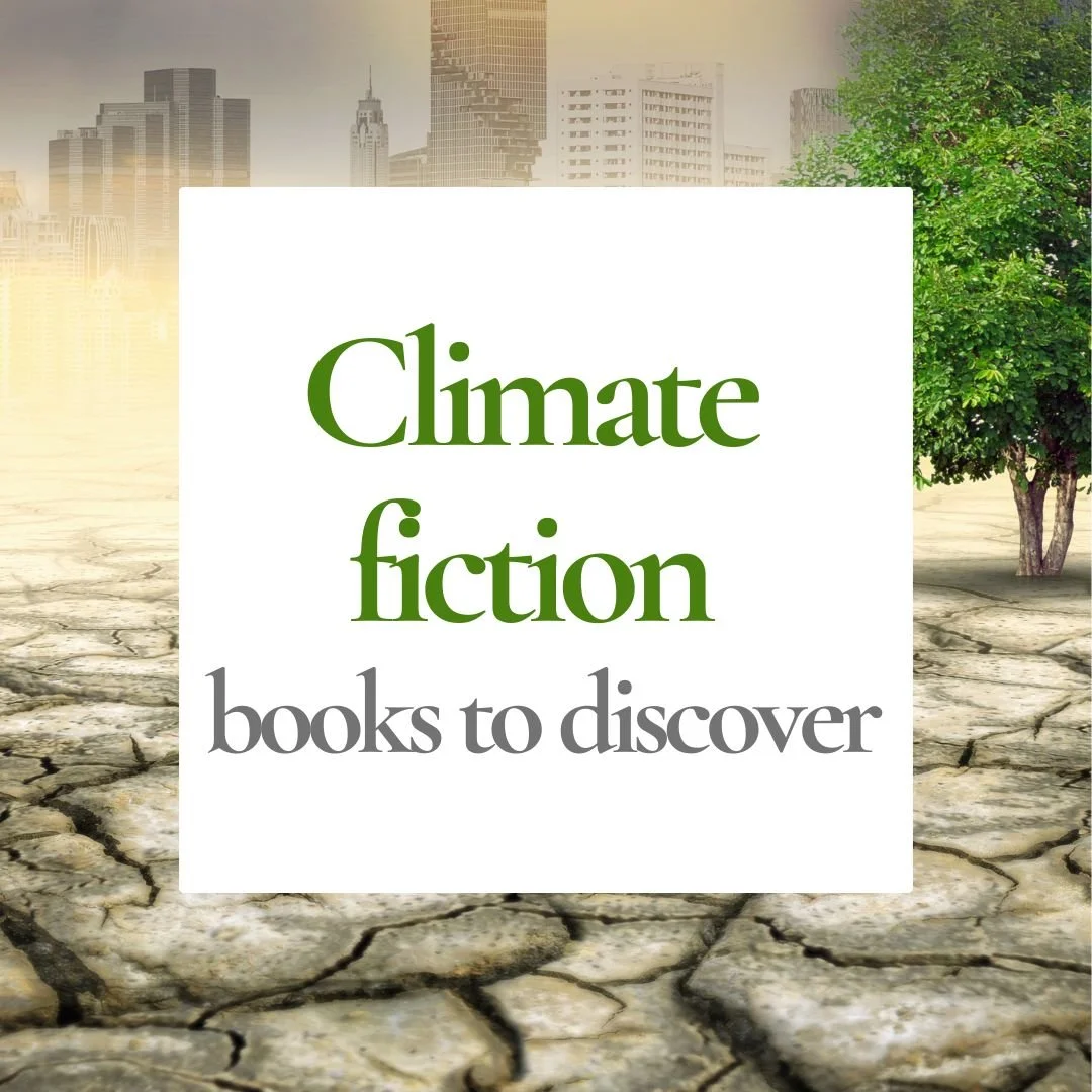 City landscape with dehydrated ground. Text reads: Climate fiction books to discover