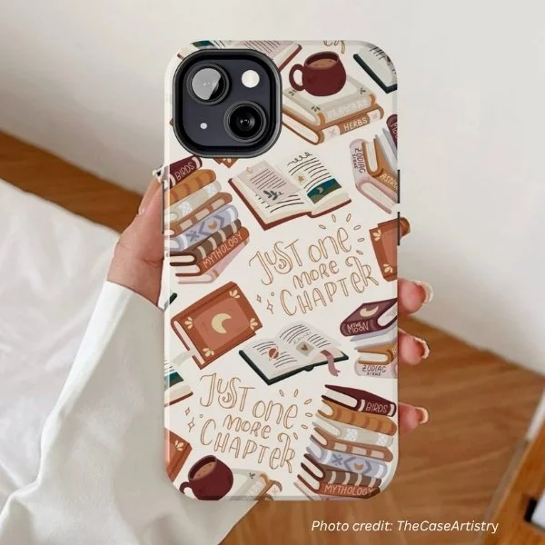 Just One More Chapter phone case by TheCaseArtistry. Shows stacks of books