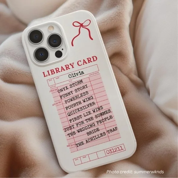 Personalized Library Card Phone Case by summerwknds. Illustration shows a reproduction of a library card with a list of book titles