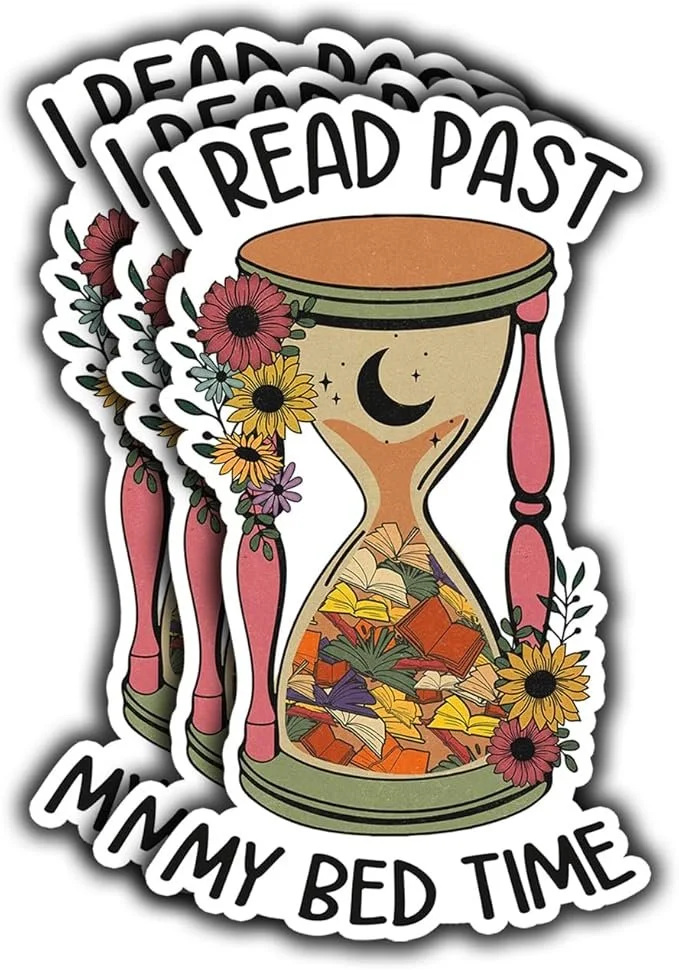Sticker of an hourglass filled with books. Text reads: I read past my bedtime