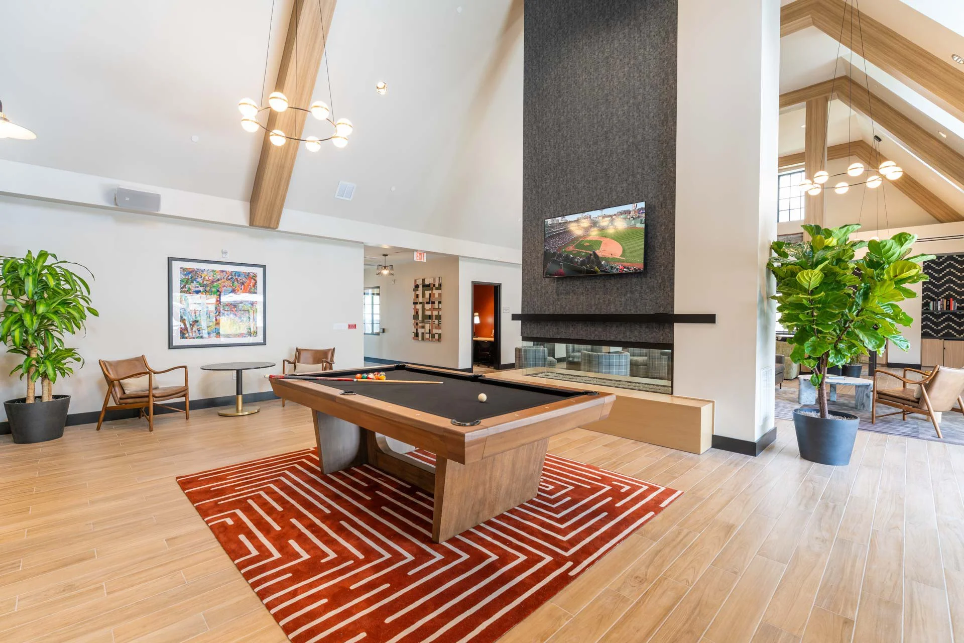 Interior of a recreational lounge with a pool table on a red patterned rug, green potted plants, chairs, a wall-mounted TV, and modern lighting fixtures.