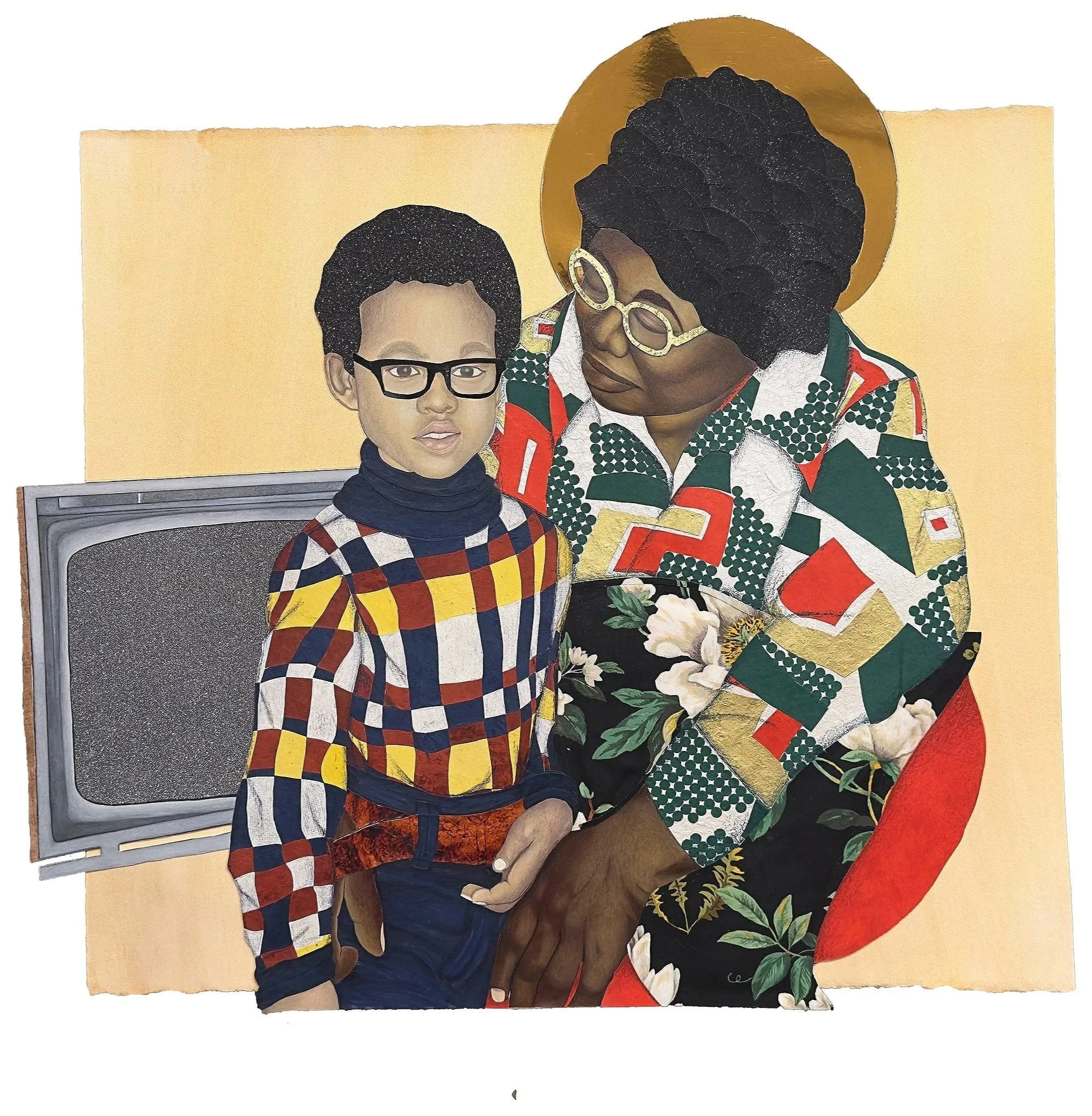 UNTITLED, 2024, Colored pencil, ink, decorative paper, cardstock, glitter, gold foil, transparency film, cotton textiles, reed paper, and watercolor, on paper,  26" X 33"