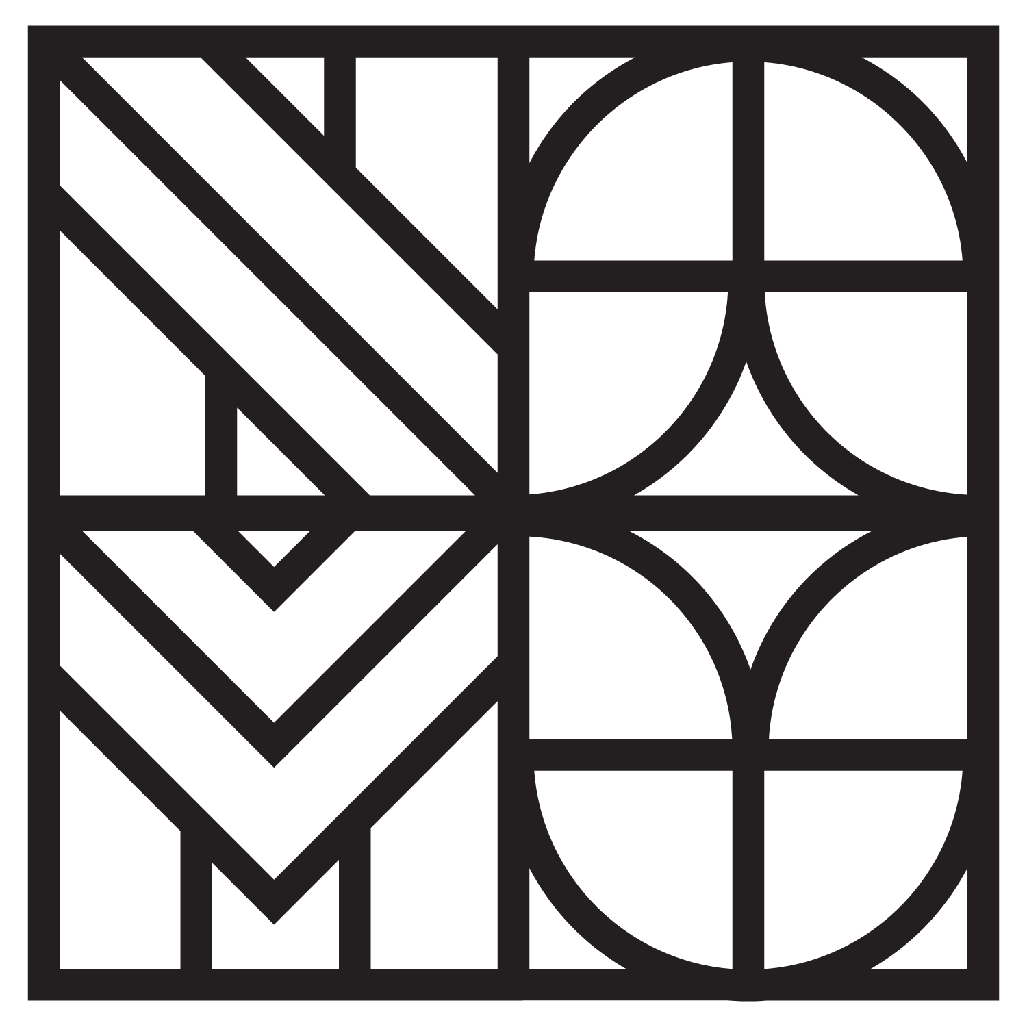 Black geometric abstract pattern with various shapes and lines. Spells NAMU.