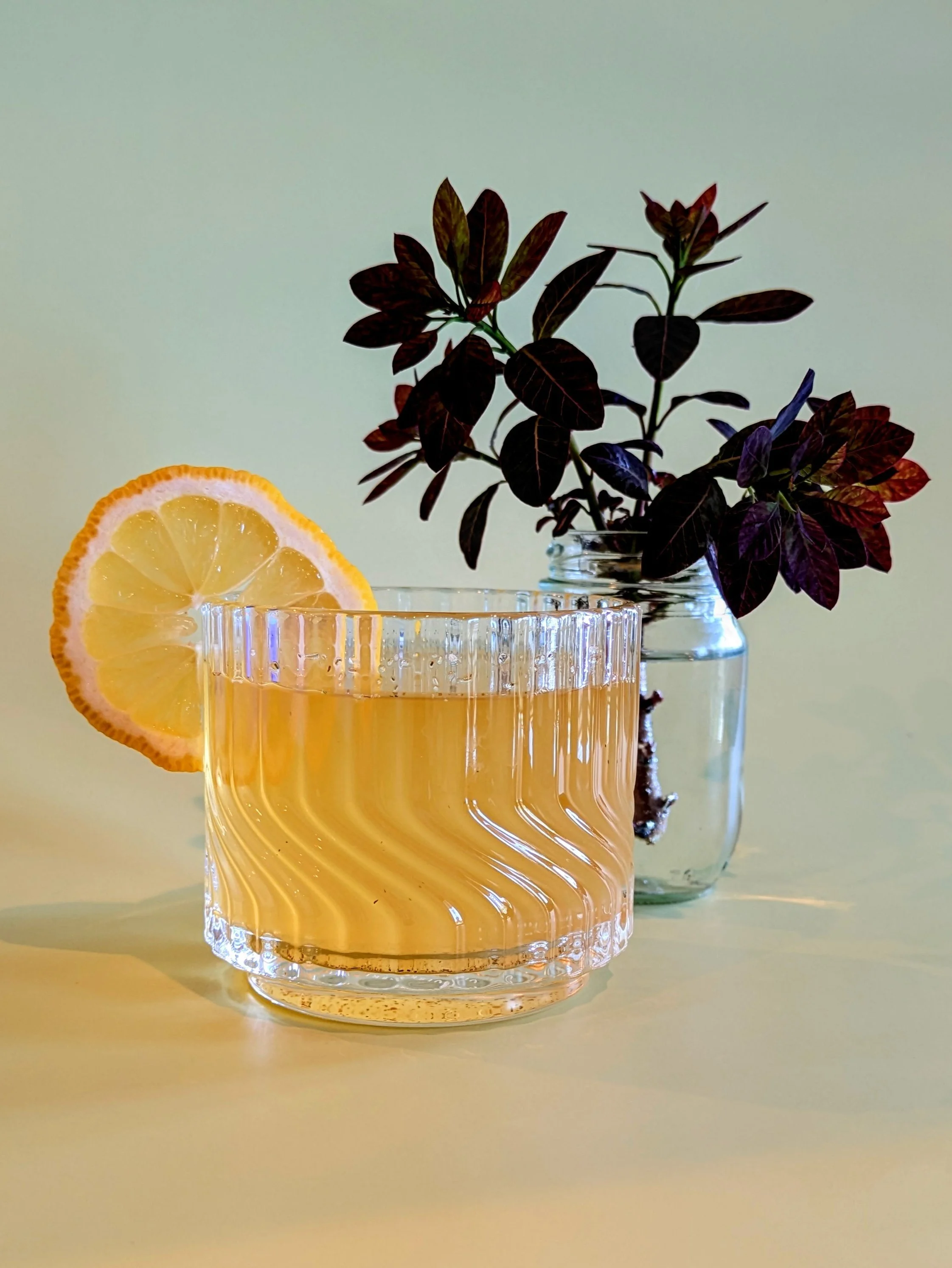 A glass of orange-colored beverage with a lemon slice on the rim, placed on a yellow surface with a plant in a glass jar in the background.