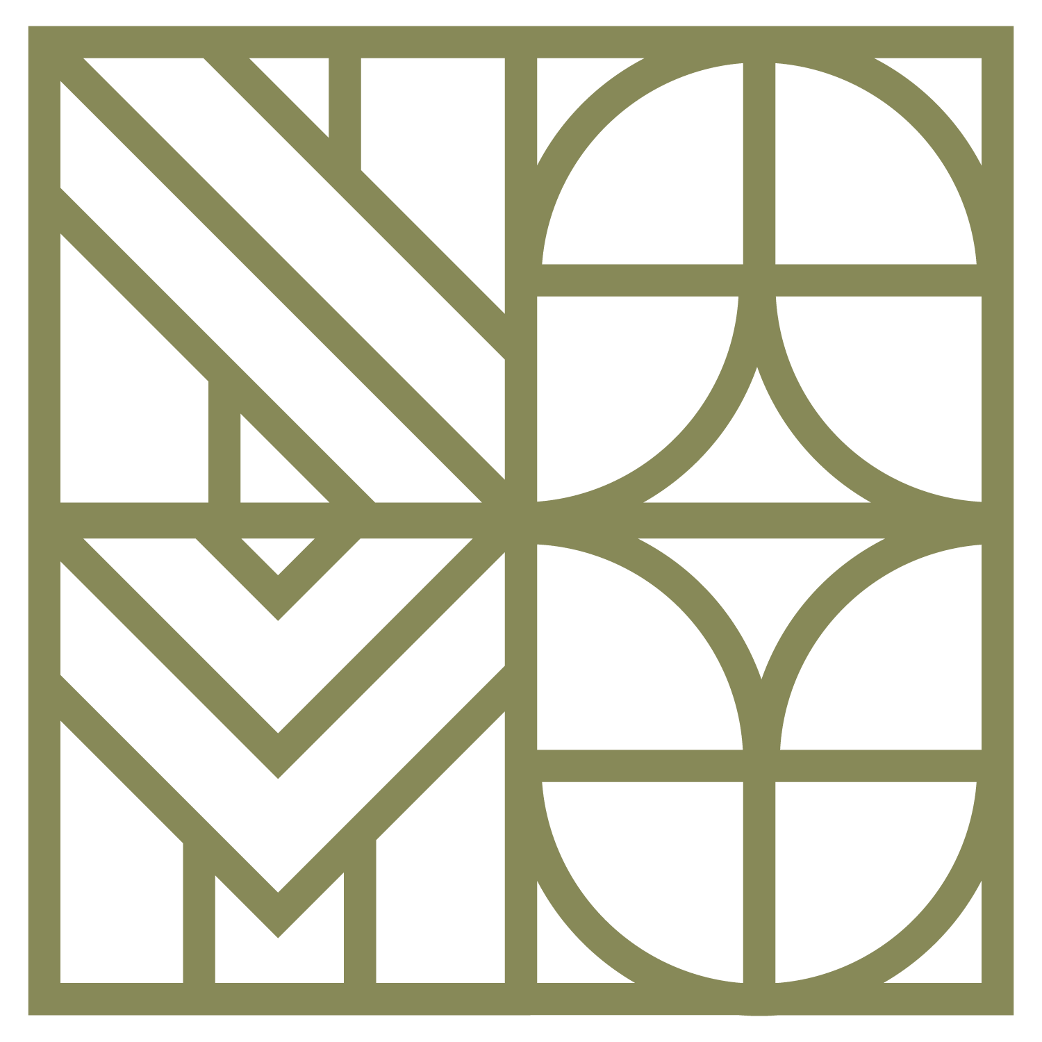 Decorative geometric pattern featuring intersecting lines, circles, and triangles in black and olive green colors. Spells NAMU.