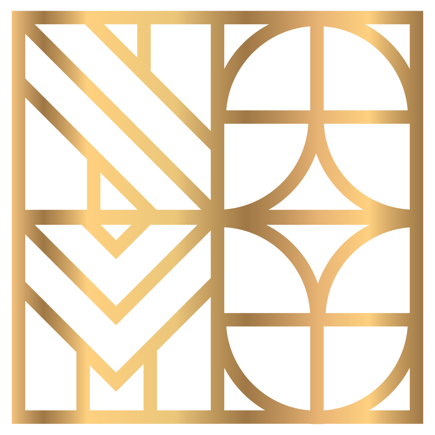 Gold or golden geometric abstract pattern with various shapes and lines. Spells NAMU.