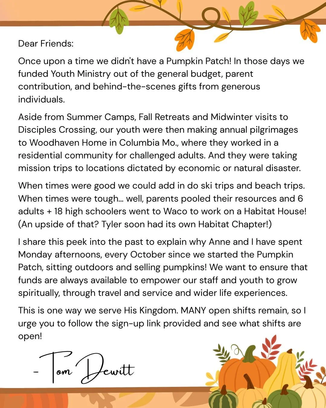🍂 Our Pumpkin Patch has been a cherished FCC tradition for years &mdash; and it&rsquo;s volunteers like longtime member Tom Dewitt who keep it thriving. He shares why this patch matters and invites you to sign up to help this season. Sign-up link in