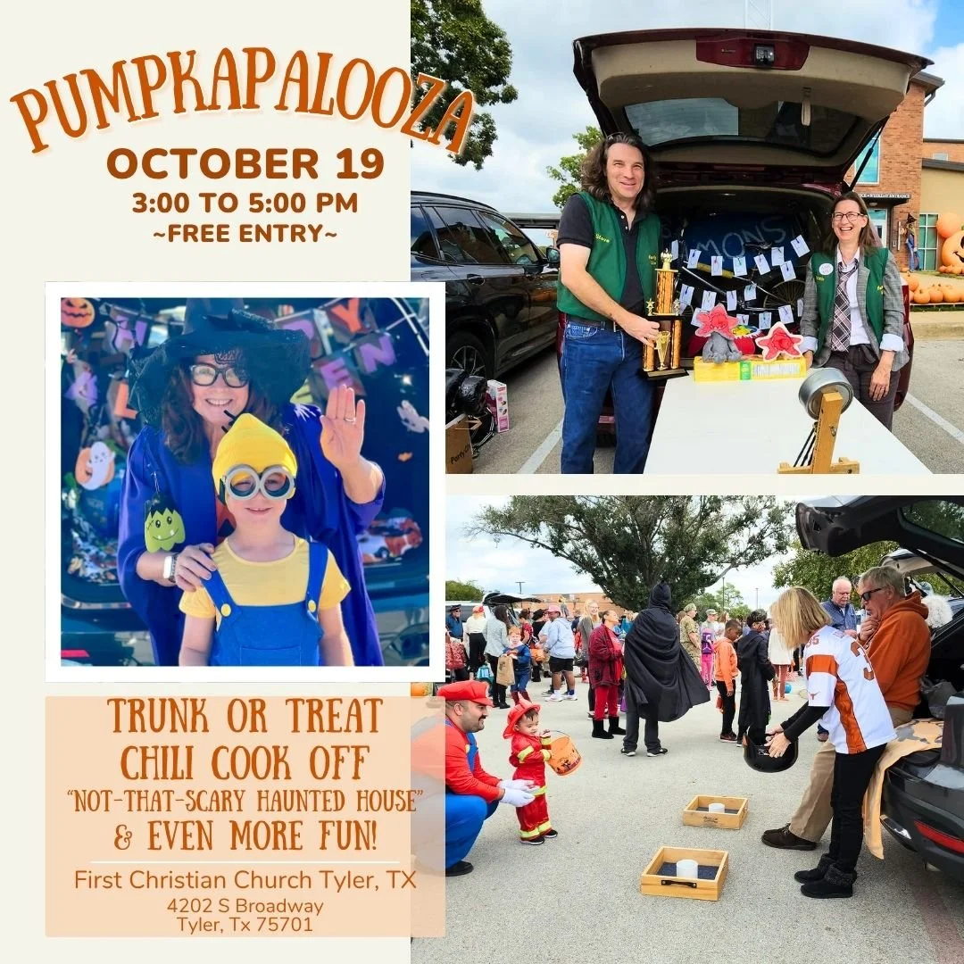 π PumpkaPalooza is this Sunday! π
Join us Oct. 19 · 3–5 PM at First Christian Church Tyler for a day full of free fall fun — Trunk-or-Treat, Chili Cook-Off, a “Not-That-Scary” Haunted House & more!
Bring your fri