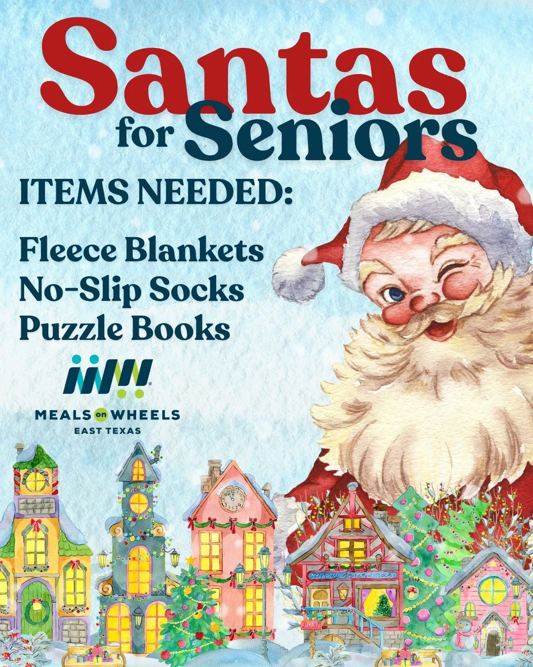 🎁 Be a Santa for Seniors! 🎁
We&rsquo;re partnering with Meals on Wheels East Texas to bring warmth and joy to local seniors this Christmas season.
You can help by donating:
🧣 Fleece Blankets
🧦 No-Slip Socks
🧩 Puzzle Books
Drop your gifts in the 