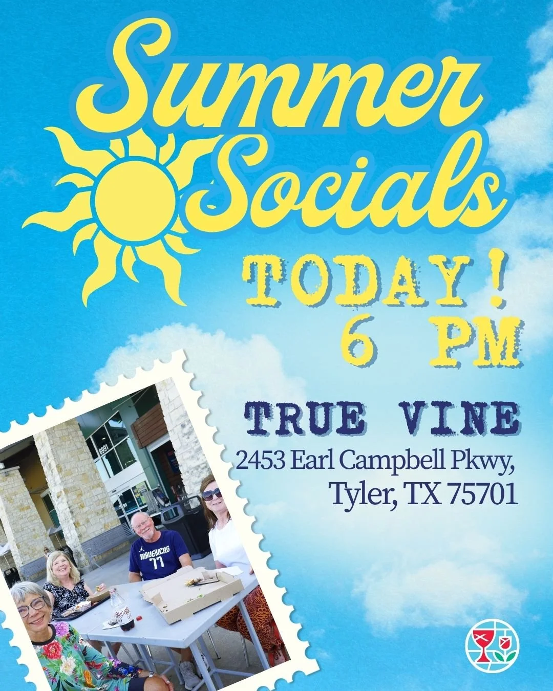 ☀Join us this evening at 6 PM at True Vine for our Summer Social!😎
We&rsquo;ll enjoy a relaxed evening of conversation and fellowship together. Food and drinks will be available for purchase at the venue.