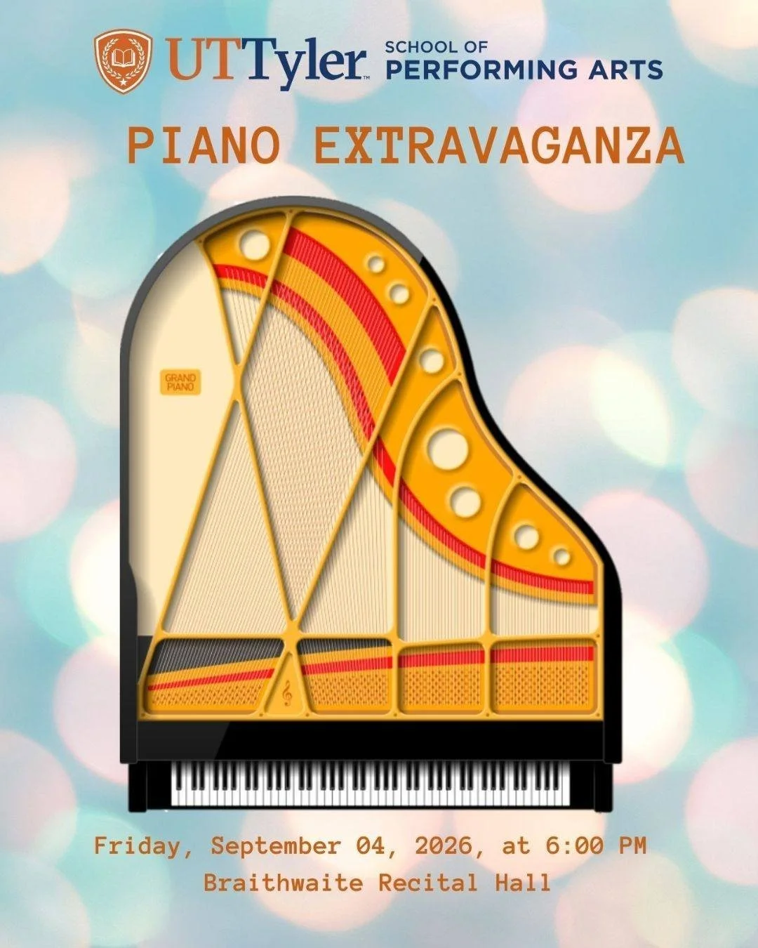 🎹Looking for fun this Friday? Then look no further and join our very own Elena Daughtery and others as they perform in UT Tyler's Piano Extravaganza! Gather this Friday (9/4) in Braithwaite Recital Hall at 6 PM for a time of music and fun!🎶