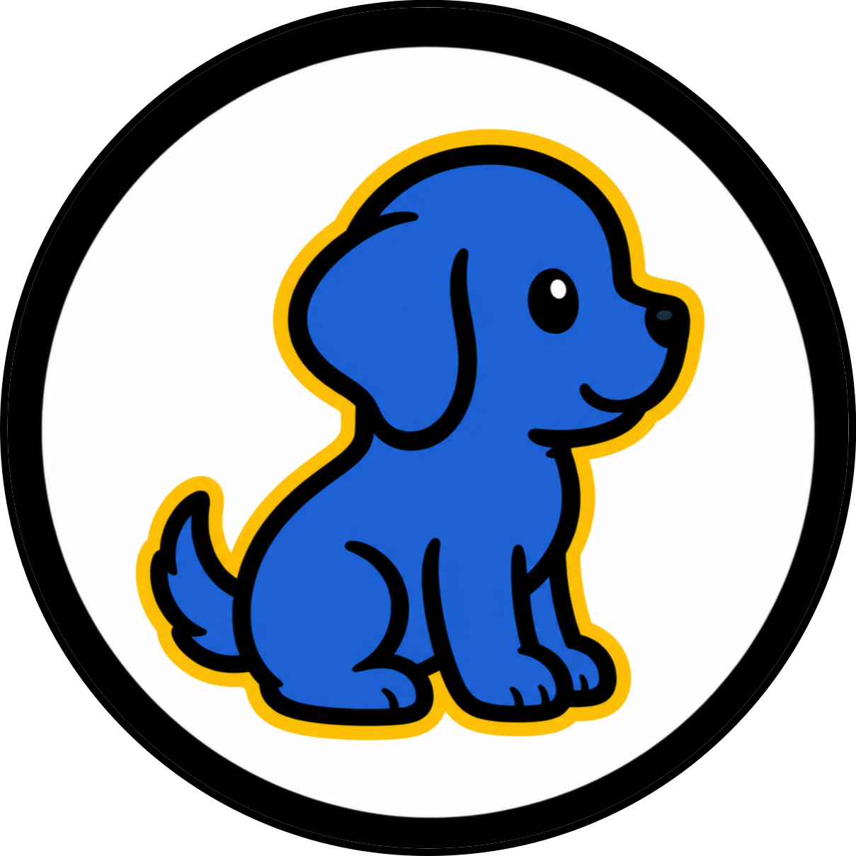 Cartoon blue puppy with black outline and yellow border, sitting on a white background.