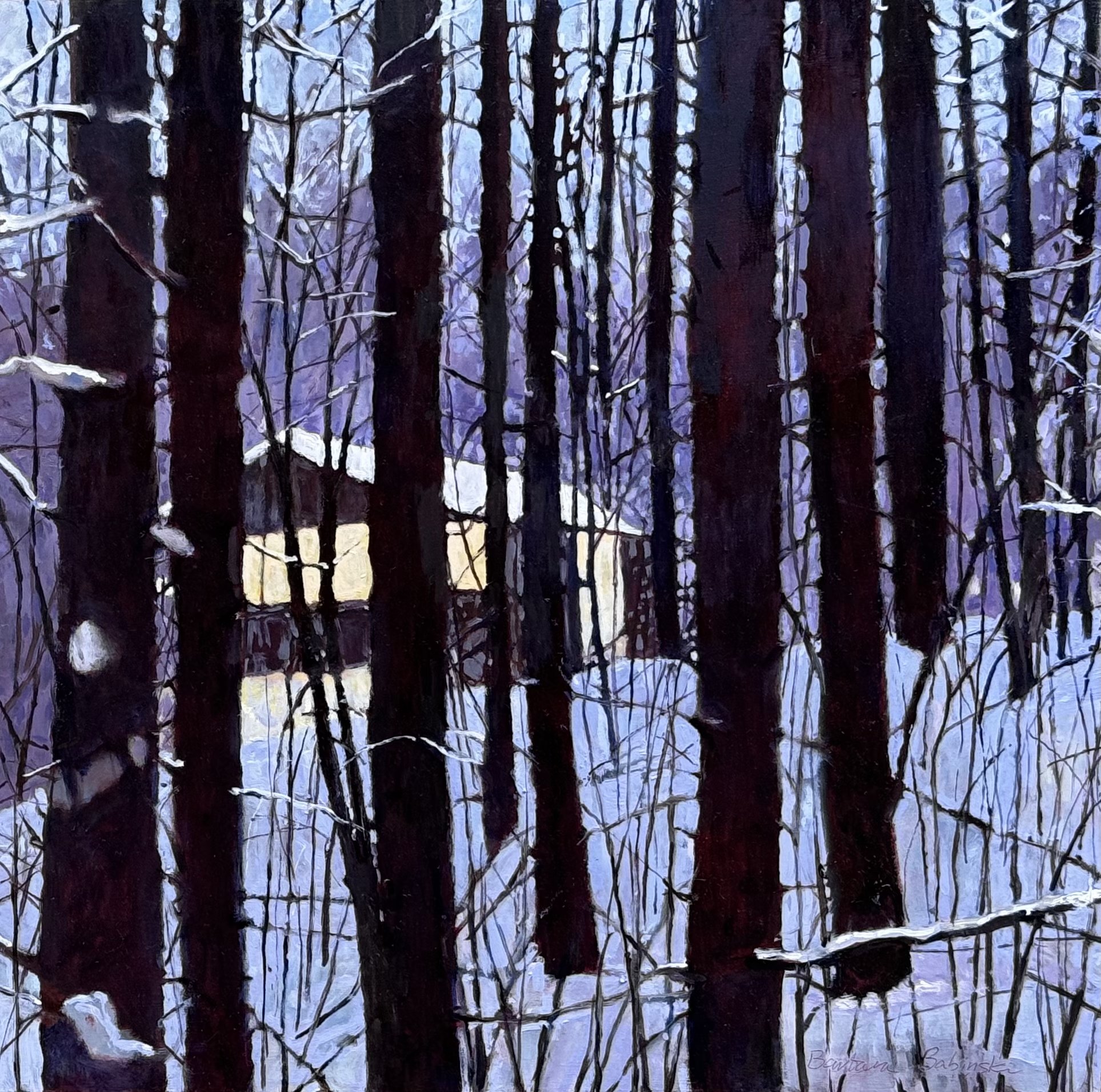 Cottage Through The Trees in Winter #2, oil on board, 12in x 12in