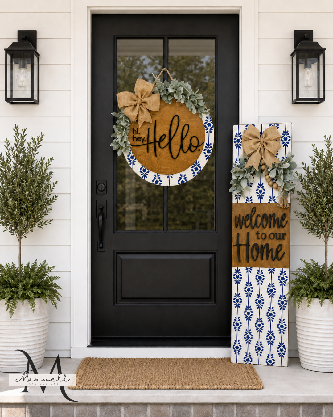 Welcome to our Home Vintage Petal Leaner and Blue Bunny Door Hanger OR Hi. Hey. Hello Door Hanger Set (Can be purchased as a set or separately)