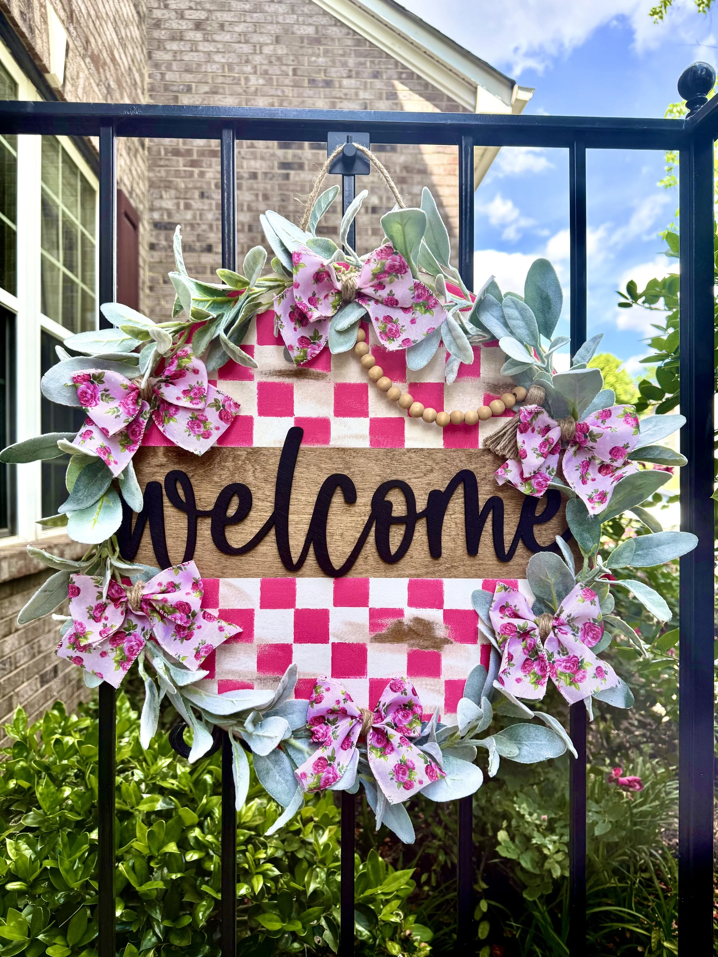 Welcome Pink and White Checkered Door Hanger Word Cutouts