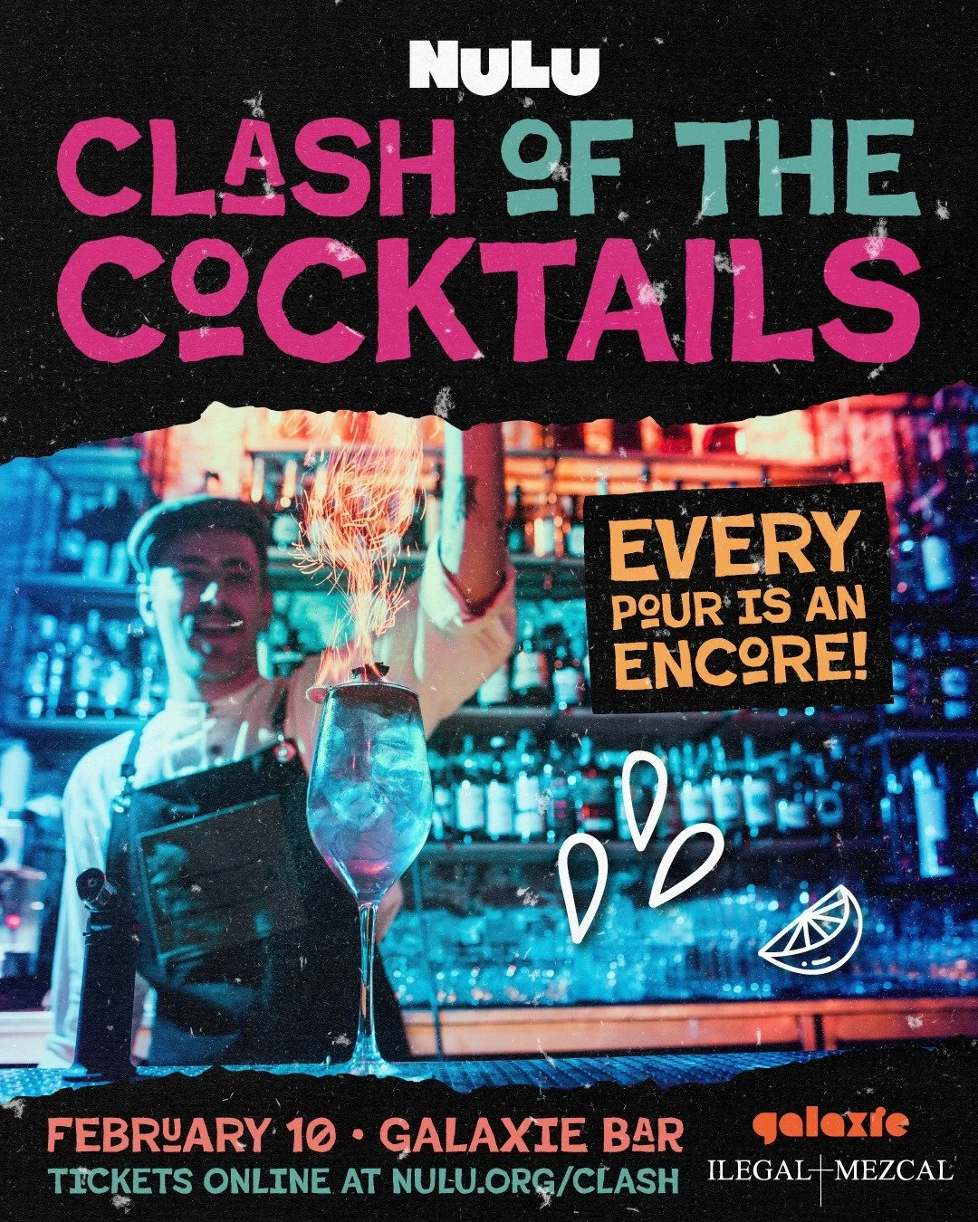 🍹⚡ Get ready to turn up the volume because Clash of the Cocktails returns on Tuesday, February 10, 6&ndash;9 PM at @galaxiebar, presented by Ilegal Mezcal. 

NuLu's boldest bartenders hit the main stage for a rock-inspired cocktail battle, shaking, 
