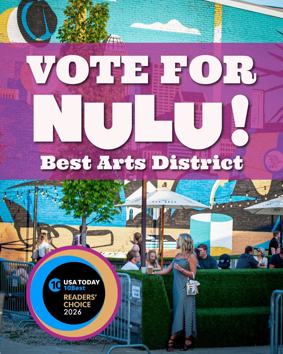 NuLu is more than a neighborhood. It&rsquo;s artists, makers, dreamers, and doers.

NuLu has been nominated for Best Arts District by USA TODAY 10BEST, and every vote counts. Help put our creative heart on the national stage.

👉 Vote once per day un