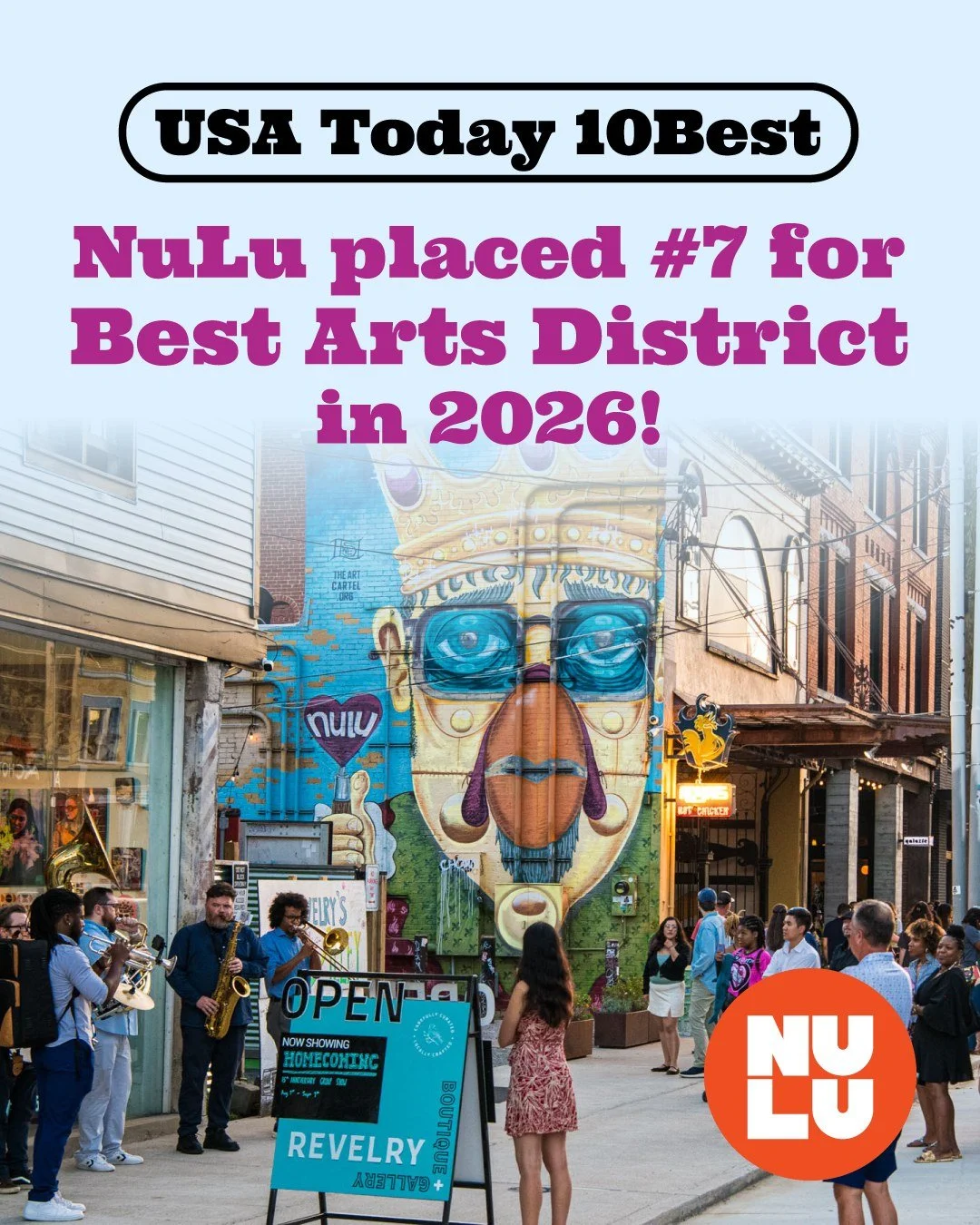 Cue the confetti! 🎉 East Market District, aka NuLu, has officially been named a 2026 Readers&rsquo; Choice winner for Best Arts District by USA TODAY @10best, and we&rsquo;re sitting pretty at #7 in the nation after coming in 8th last year. 📈✨

Fro