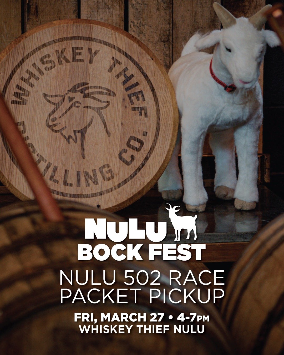Race weekend is almost here. 🐐🏃&zwj;♀️ Friday, March 27, kicks things off with two can&rsquo;t-miss NuLu 502 events:

📦 Race Packet Pick Up | 4&ndash;7PM
📍 @whiskeythiefdistilling &ndash; 610 Nanny Goat Strut
NuLu 502 participants can grab their 