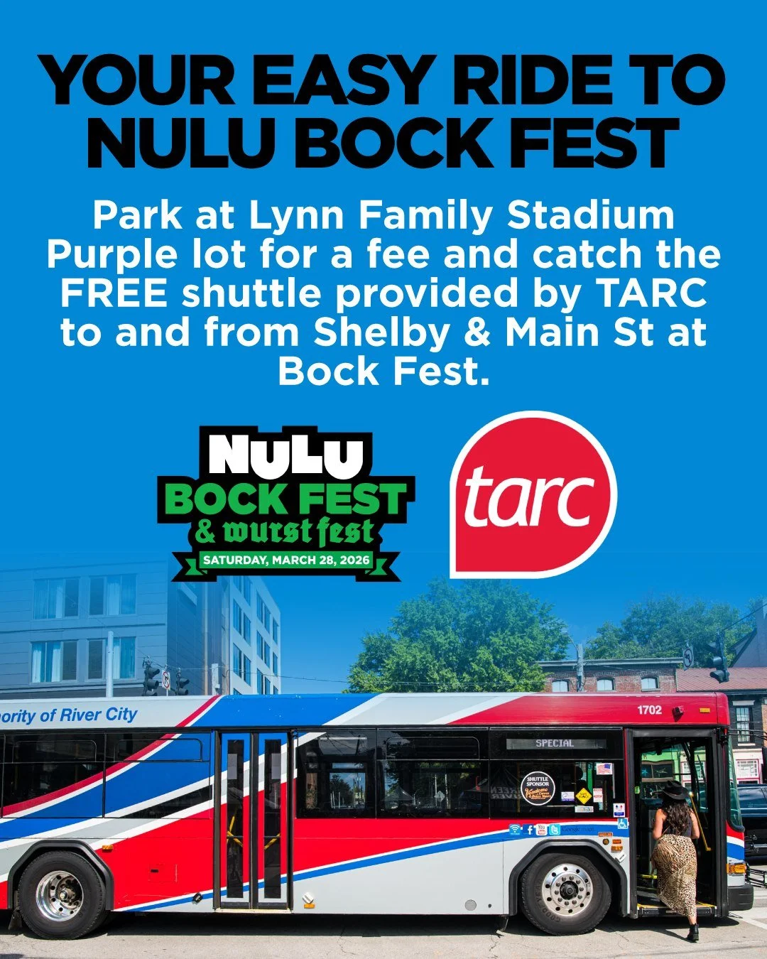 Save time and money by taking a free shuttle provided by @ridetarc to NuLu Bock Fest! Park at Lynn Family Stadium's Purple Lot to catch your free ride to and from Shelby and Main St. Additional TARC route information is available at nulu.org/bockfest