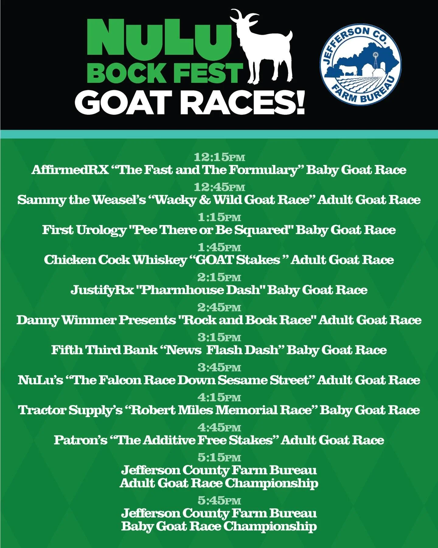 It&rsquo;s goat race day in NuLu! 🐐🏁 Check out who&rsquo;s competing in the Jefferson County Farm Bureau goat races, and pay close attention to the goat names, they&rsquo;re pretty clever. 😏