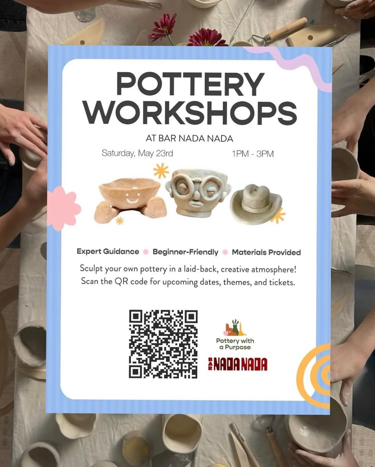Slow down, sip something good, and get creative at @bar.nada.nada&rsquo;s Sip &amp; Sculpt Pottery Party. No experience needed for this laid-back pottery workshop, and they&rsquo;ll provide all the tools and materials needed. Learn the basics of pott