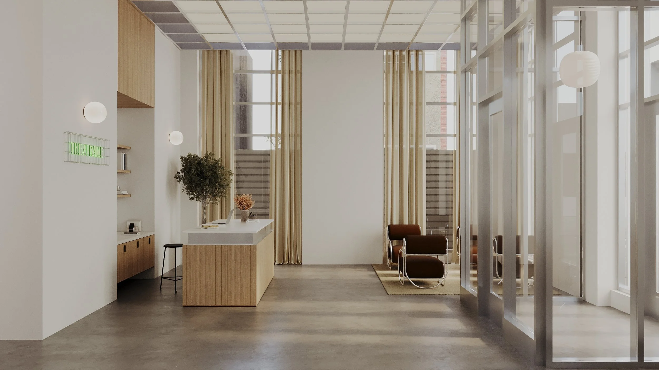 Modern office reception area with a white desk, beige curtains, potted plants, brown chairs, and large windows letting in natural light.