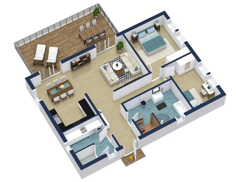 3D floor plan of a house showing a living room, bedroom, kitchen, bathroom, and outdoor terrace with lounge chairs and dining table.