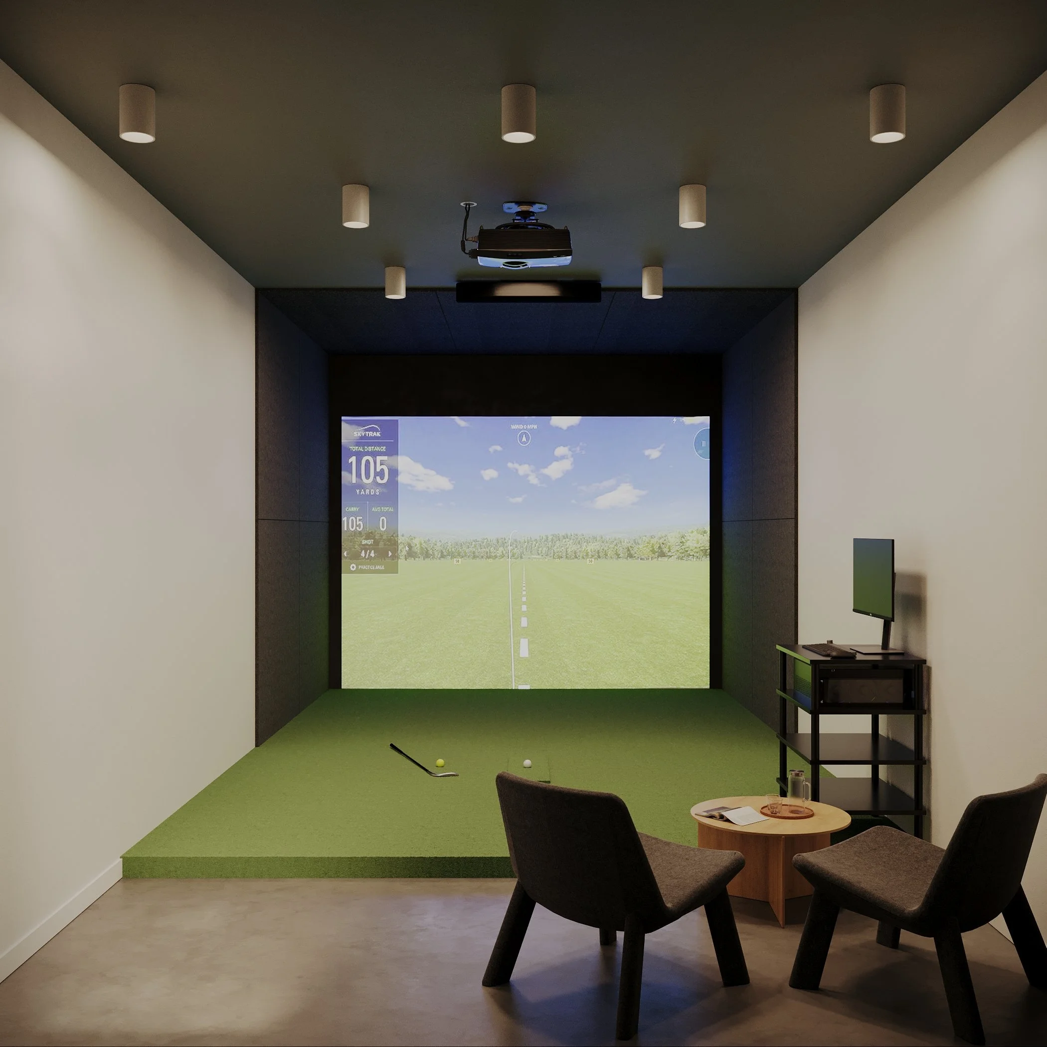 Indoor golf simulation room with a large screen displaying a golf course, a golf club and ball on the green, and seating area with chairs and table. This is a premium building amenity.