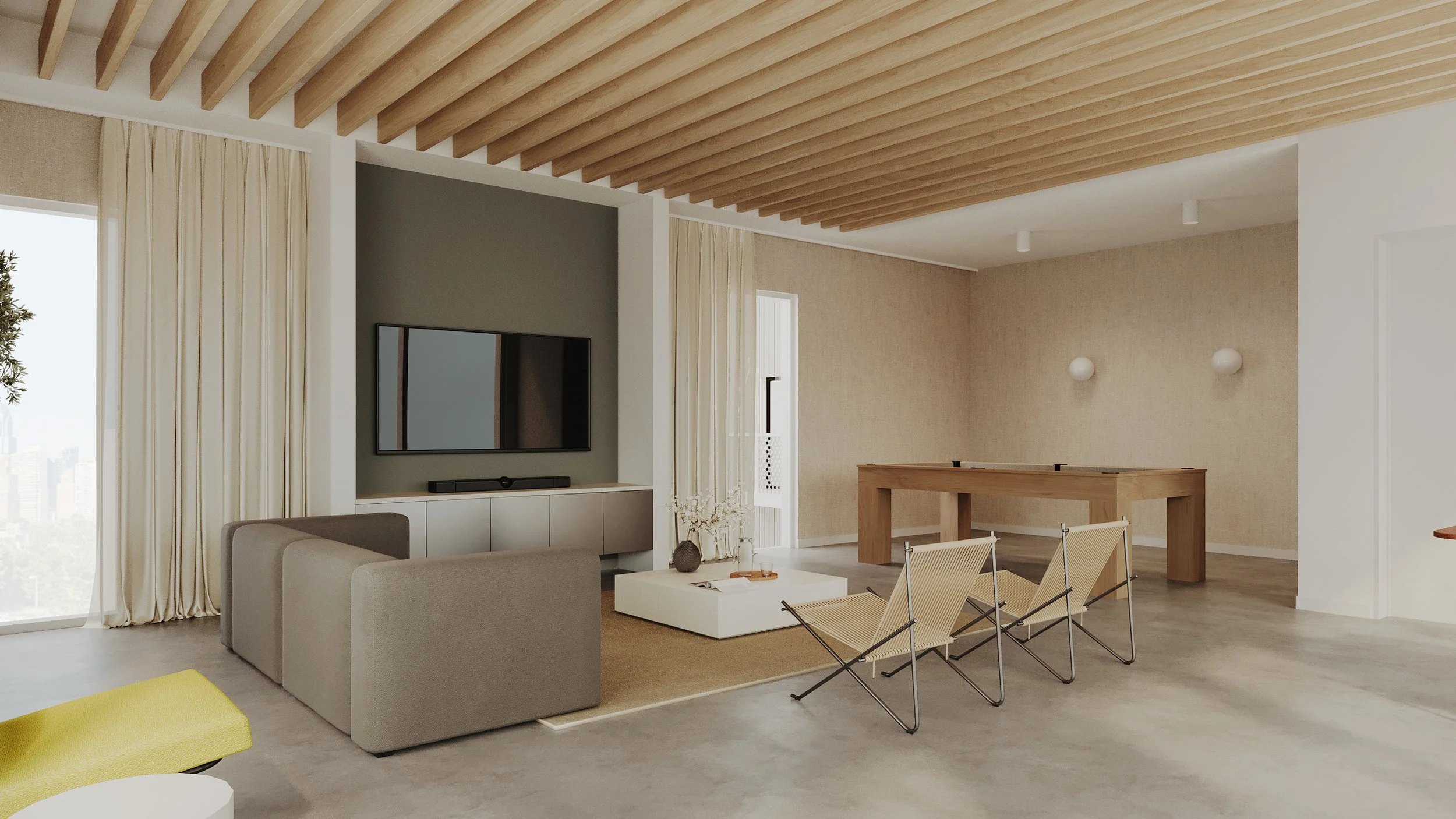 Modern sky lounge with a flat-screen TV on the wall, decorative items, and wooden ceiling beams with large windows letting in natural light. Overlooking the Philaldelphia skyline.
