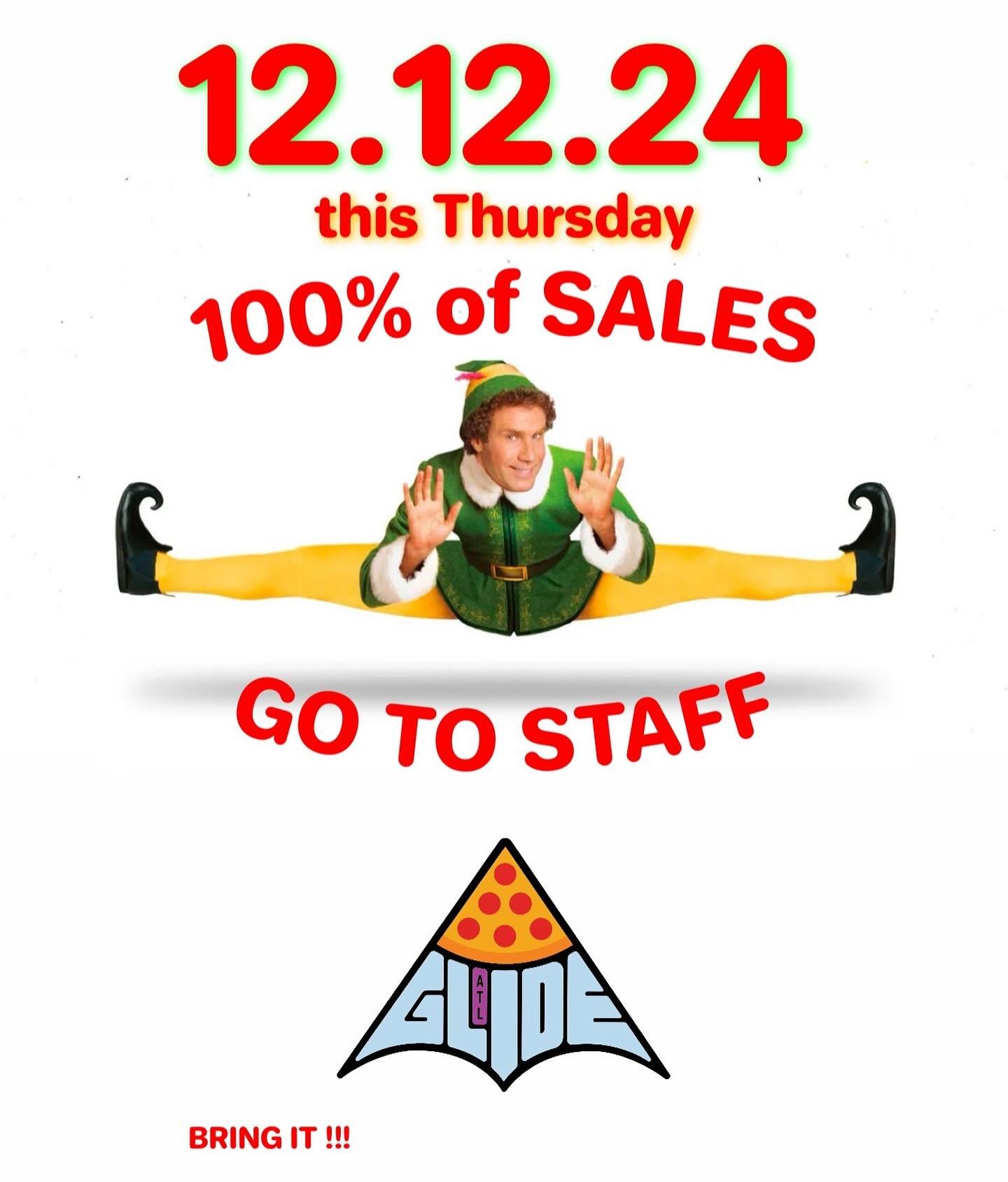 🚨 This Thursday 100% food and beverage sales goes to the staff 🚨 &mdash;&gt;not net profit; sales! 🤯 

It was a blast last year and we are turning up the fun factor this year ☃️ 💸💰🤑🎅 

We&rsquo;ve got extra dough, are opening an hour early (4p