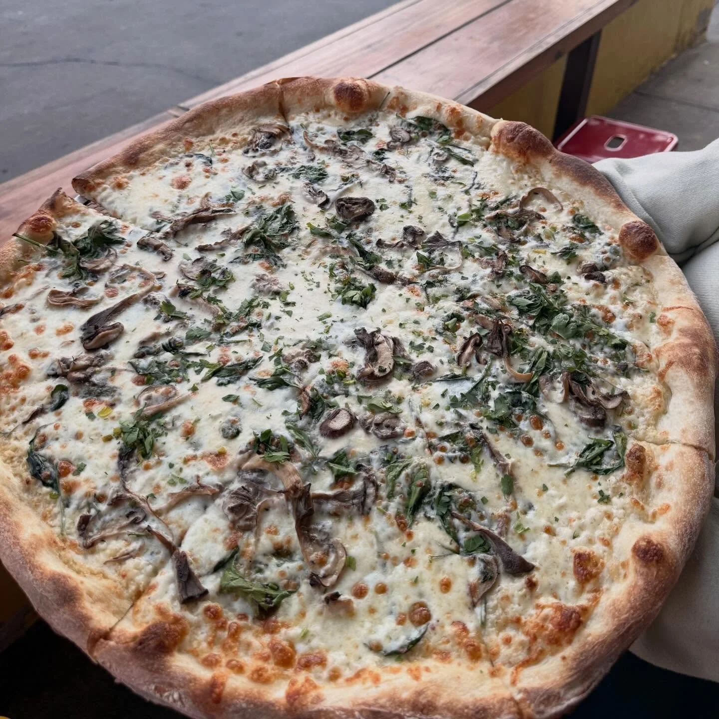 Sometimes we get fancy 💅 and on Valentine&rsquo;s Day you can swoon your lover with this white wine, lemon cream, mushroom pizza. Our house made mozzarella, roasted mixed mushroom, white wine, lemon cream, and finished with lemon zest and Parmesan. 