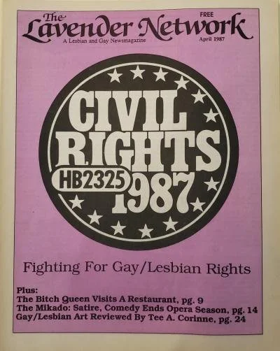 lavender cover of newsmagazine stating "Civil Rights 1987 HB2523 Fighting for Gay/Lesbian Rights"