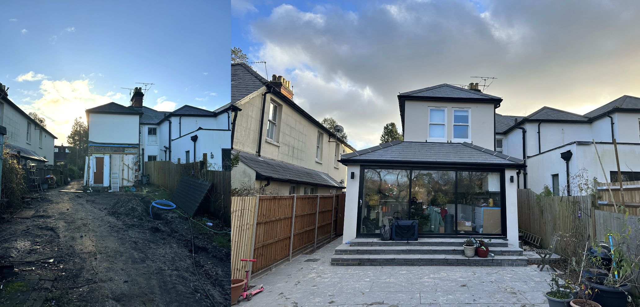 Comparison of a backyard before and after renovation: on the left, an unpaved, cluttered yard with construction debris; on the right, a finished yard with a paved patio, glass enclosure, potted plants, and a newly painted white house with a gray roof