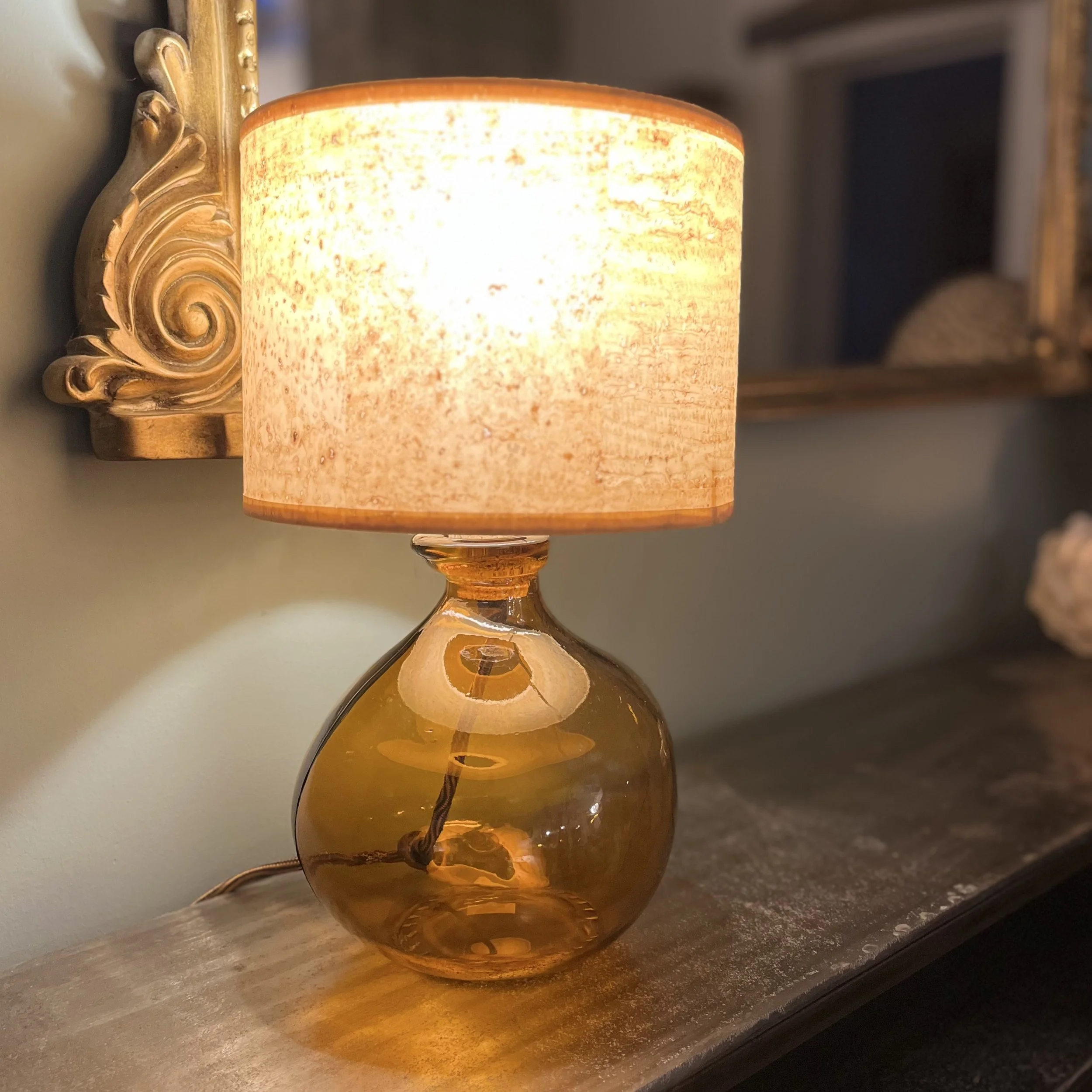 Recycled Glass Side Table Lamp Amber  Cork Shade