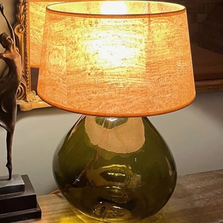 Recycled Glass Table Lamp Olive Green  Cork Shade