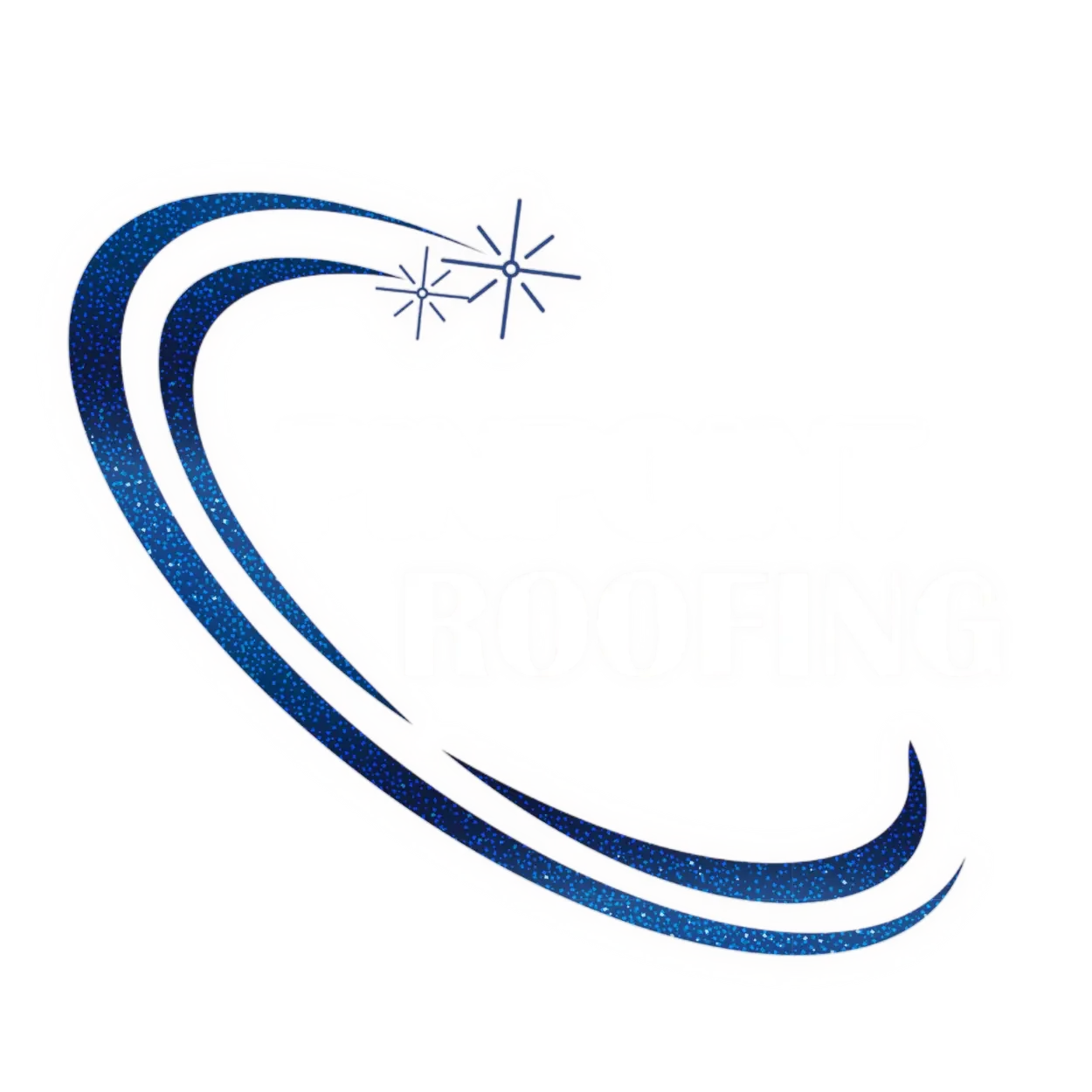 Pinpoint Roofing LLC logo. Blue sparkly orbits with two starbursts at the end surrounding the name "pinpoint roofing"