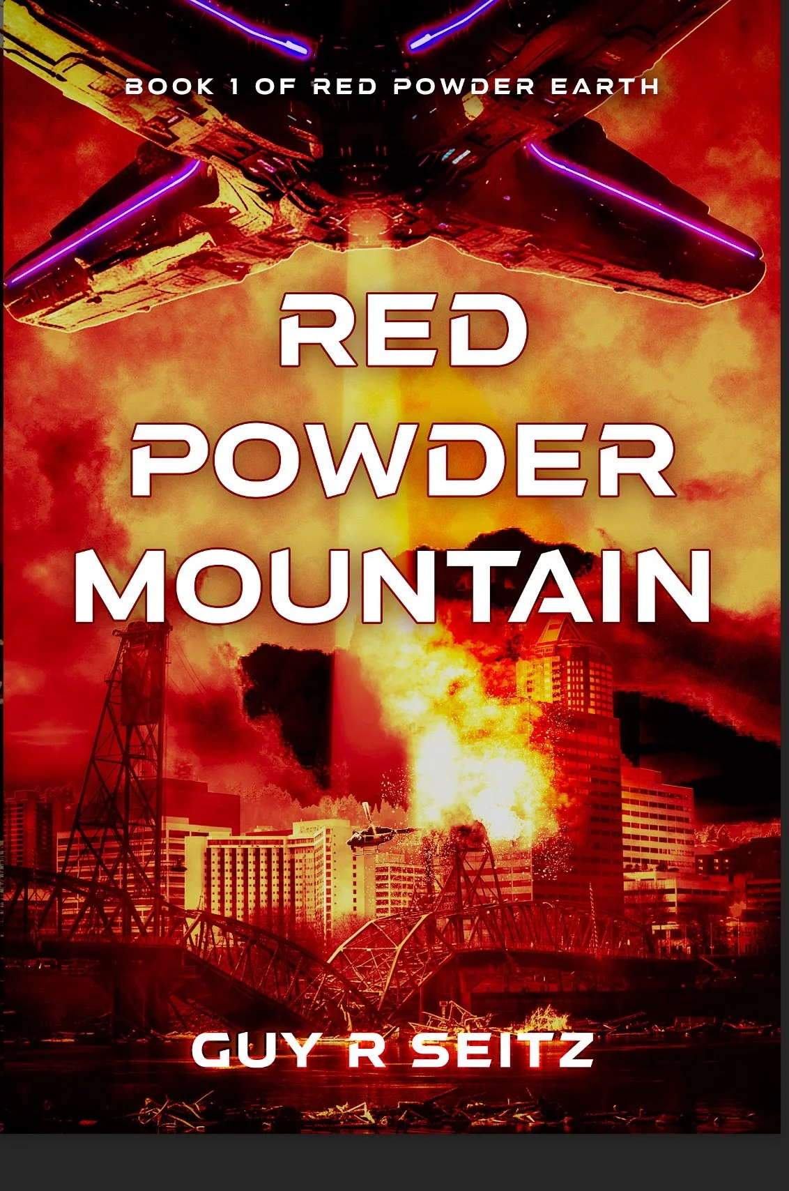 Red Powder Mountain book cover with alien ship firing on downtown Portland, Oregon