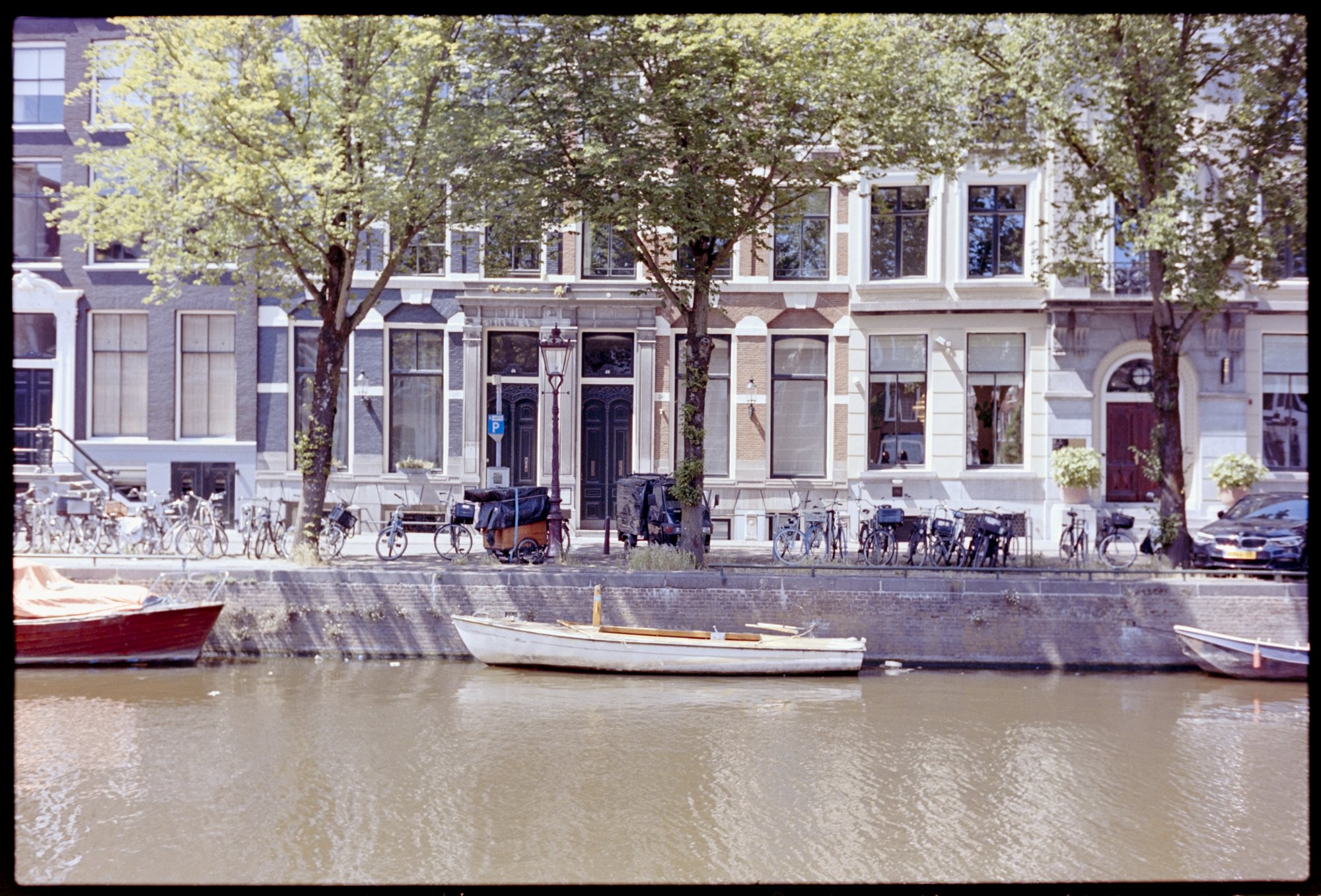 Boats docked in the canals of Amsterdam.