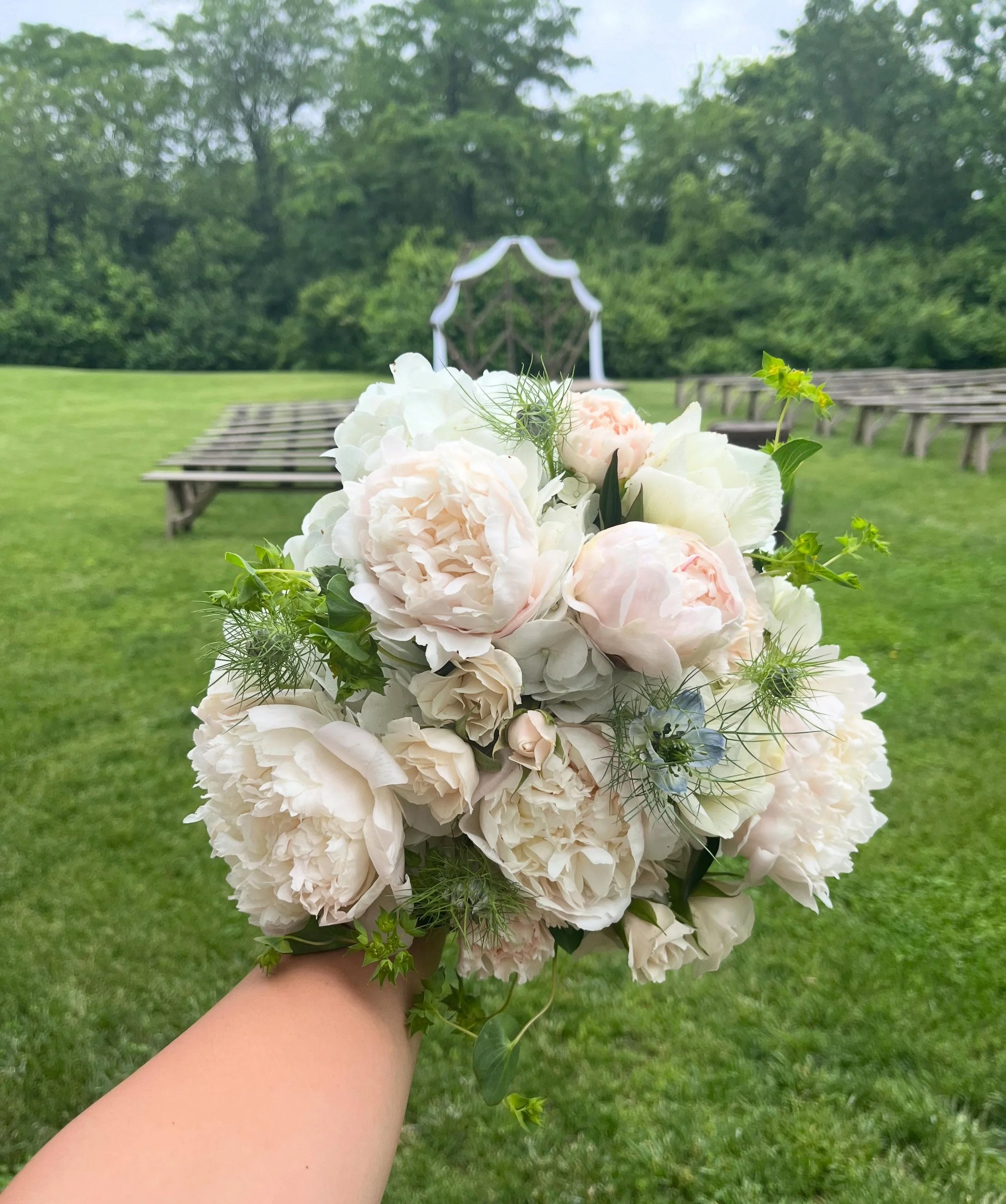 A fun, busy weekend in flowers! CSA + wedding weekend. The rain didn&rsquo;t stop the festivities! Glad I remembered to at least snap a quick shot of the bridal bouquet for a good friend. It was an honor and a lot of fun to build her wedding flowers 